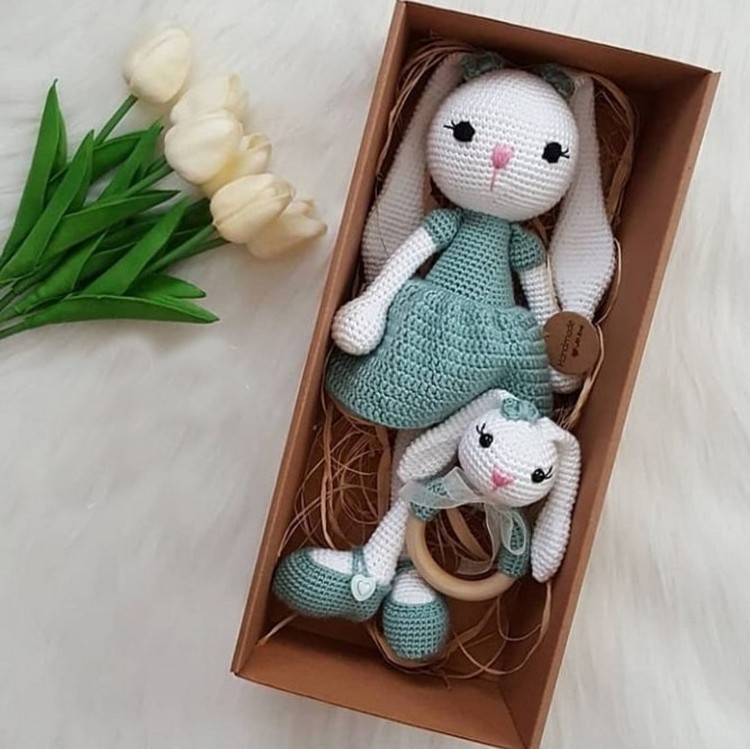 Safe Wooden Baby Rattle Teether Toys Fashion Handmade Soft Animal plush bunny Baby Crochet Toys