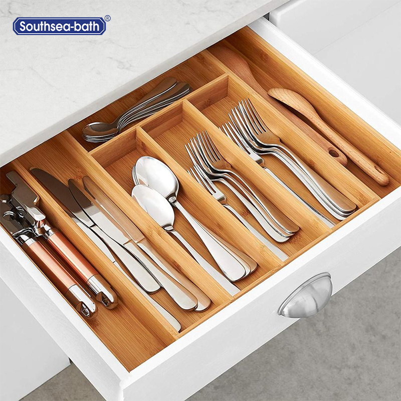 Solid bamboo expandable drawer organizer for kitchen utensils