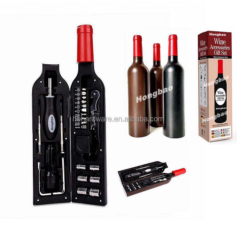 24 Piece Promotion Red Wine Bottle Shape Case Tool Kit Hex Key Screwdriver Bit Socket Gift Corkscrew Funny Decoration Tool Set