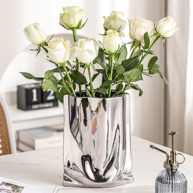 Nordic Light Luxury Art Model Room Soft Desktop Decoration Creative Irregular Ceramic Decoration Electroplated Silver Vase