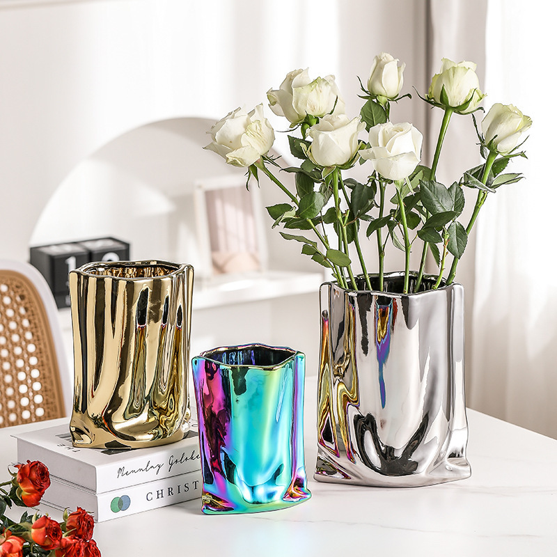 Nordic Light Luxury Art Model Room Soft Desktop Decoration Creative Irregular Ceramic Decoration Electroplated Silver Vase