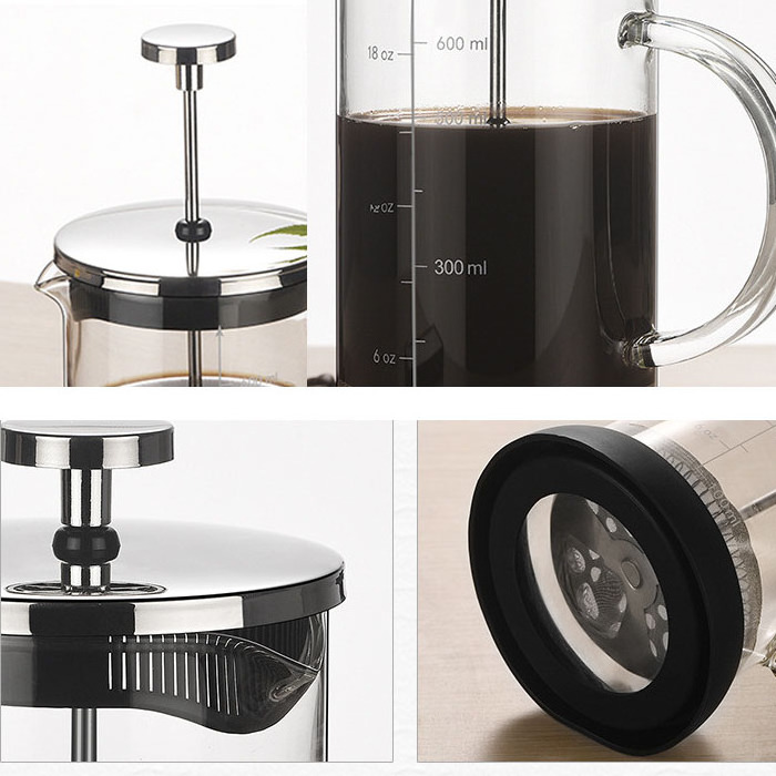 Double-Wall Glass French Press Coffee Maker 600ml SS 304 steel Heat Resistant Durable Easy Clean Coffee Pour Over Kettle