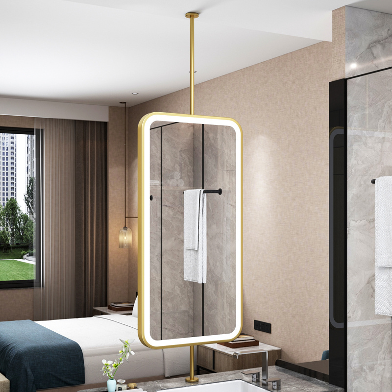 Ceiling Hanging LED Light Bathroom rectangle Mirror illuminated suspended hairdressing double-sided mirror for Hotel Homestay