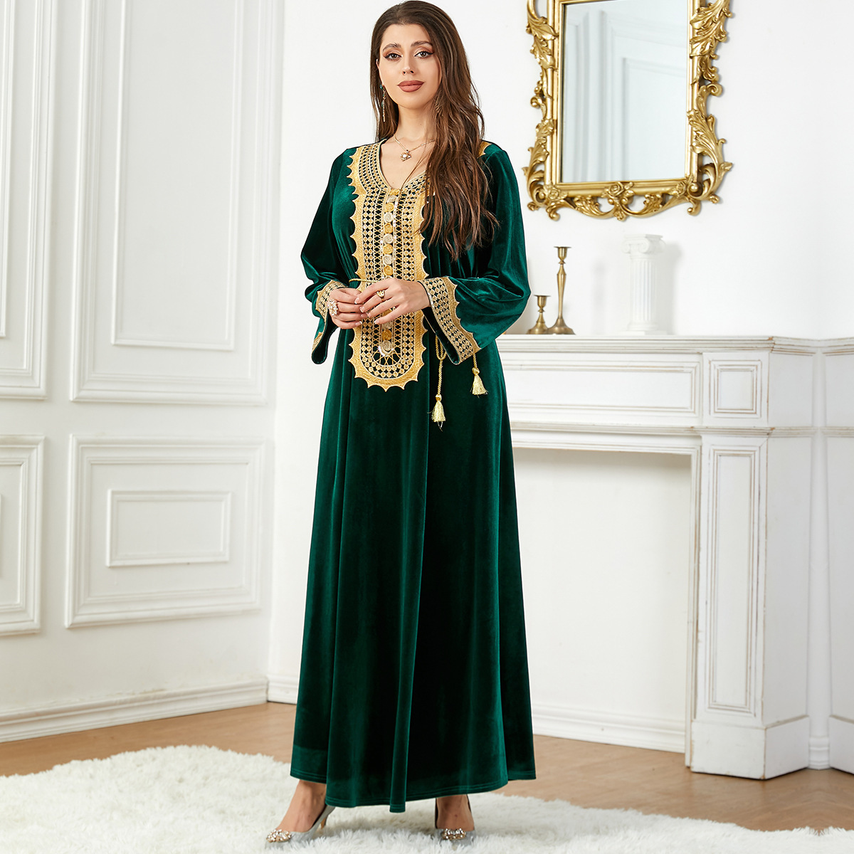 Solid Color Elegant Evening Dresses Gold Velvet Gilded Kaftan Arab Islamic Dress Women Maxi Long Abaya