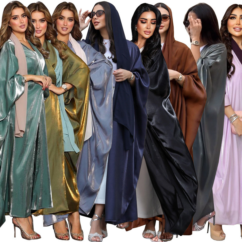 Wholesale Islamic Clothing Open Kimono Butterfly Sleeves Qatar Abaya Designs Satin Solid Color Shiny Women Muslim Dress