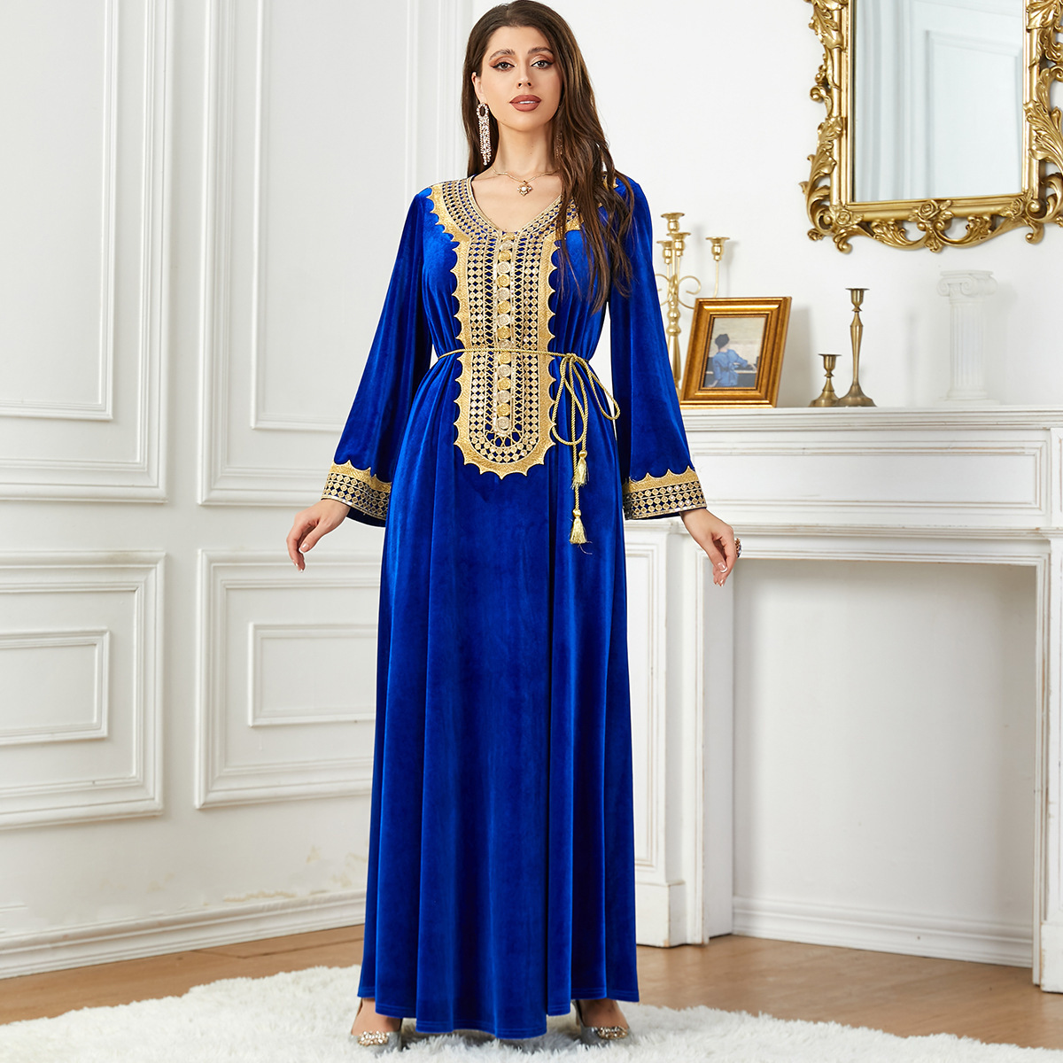 Solid Color Elegant Evening Dresses Gold Velvet Gilded Kaftan Arab Islamic Dress Women Maxi Long Abaya