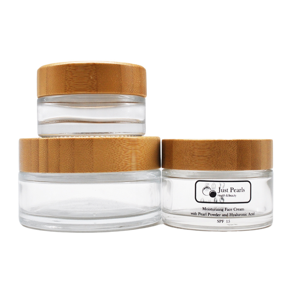 super march hot sale face cream  jar frosted clear 5ml15ml 30ml50ml 100ml bamboo lid  containers glass bamboo cosmetic packaging