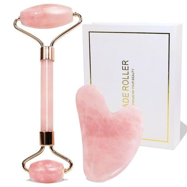 Rose Quartz Jade Roller Gua Sha Set Amethyst Green Pink White Jade Heart Shaped Gua Sha Stone And Face Roller Crystal Guasha