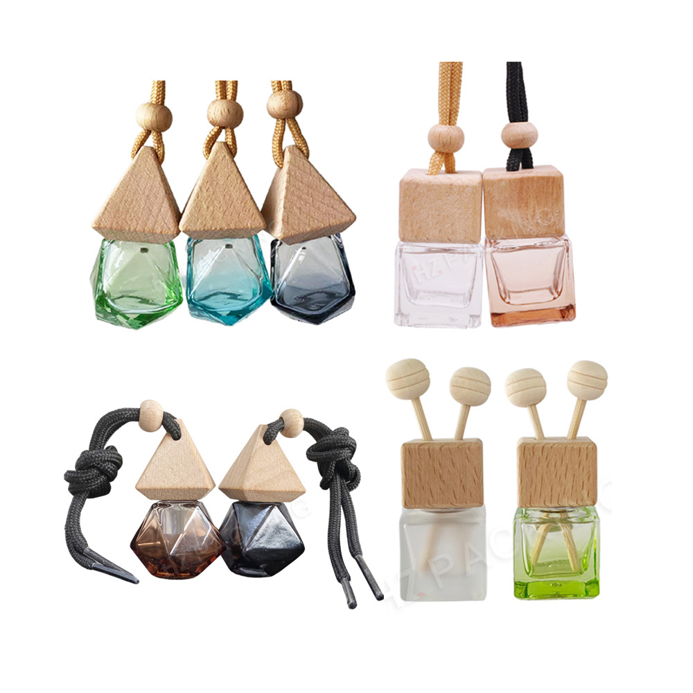 Custom logo Round Triangle Square Shape Glass Car Perfume Bottles Pendant 6ml 8ml 10ml Perfume Empty Hanging Car Diffuser Bottle