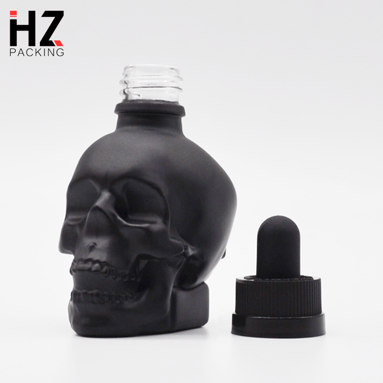 custom made black frosted skull shape glass dropper perfume bottle