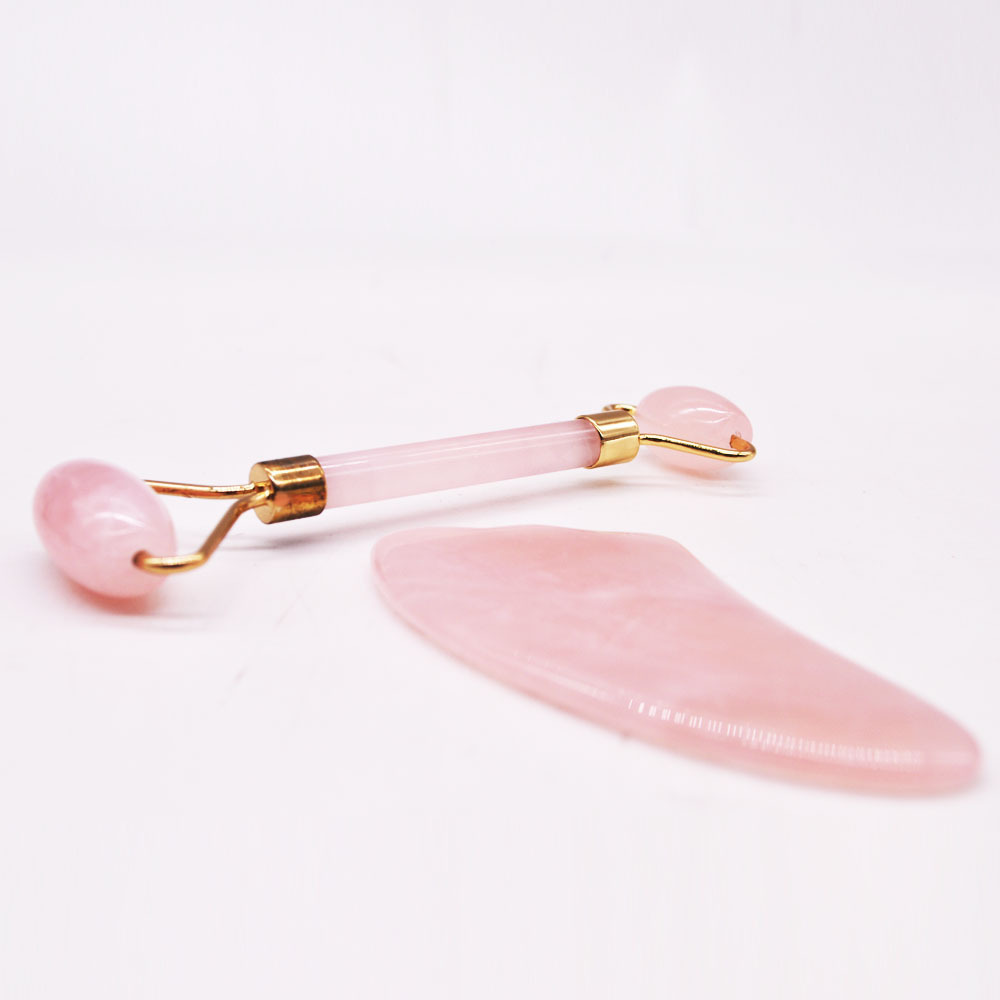 Face Massager Rose Quartz Face Roller & Gua Sha Facial Tool Set, Lymphatic Drainage Massage Tool for Muscle Tension Relief