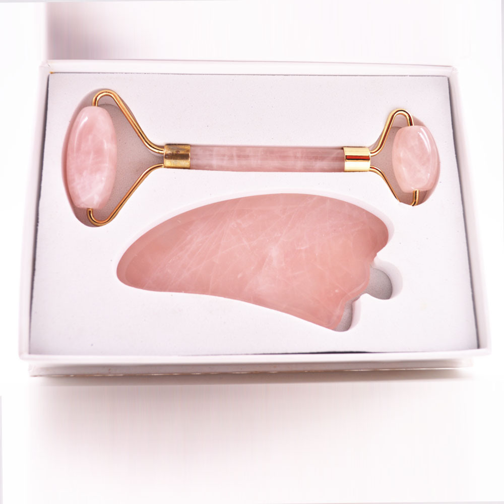 Rose Quartz Jade Roller Gua Sha Set Amethyst Green Pink White Jade Heart Shaped Gua Sha Stone And Face Roller Crystal Guasha