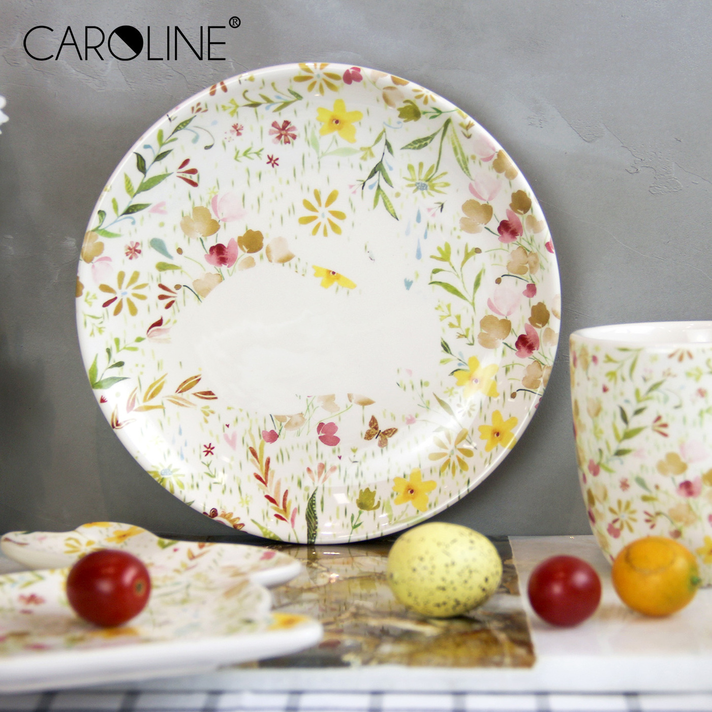 Caroline Floral Alad Bunny Decal Glaze Ceramic Plates