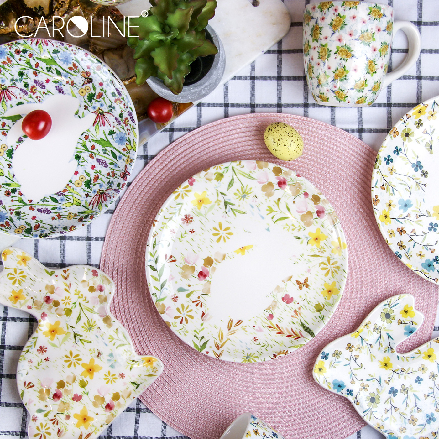 Caroline Floral Alad Bunny Decal Glaze Ceramic Plates