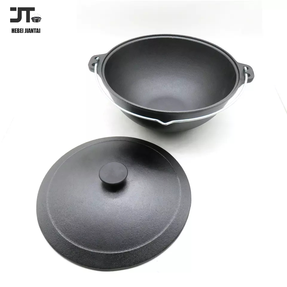 DIA 35cm Kazan for Making Pilaf/Plov Dutch Oven with Dual Handles Large Cooking Pot, Pre-seasoned Cast Iron Camping Cookware