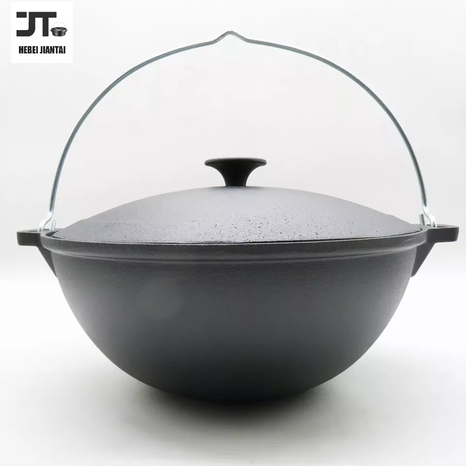 DIA 35cm Kazan for Making Pilaf/Plov Dutch Oven with Dual Handles Large Cooking Pot, Pre-seasoned Cast Iron Camping Cookware