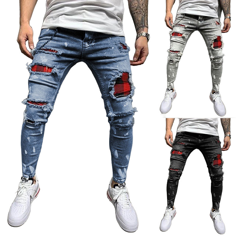 custom tapered stretch distressed ripped skinny damage white black denim men jeans pants trousers for men