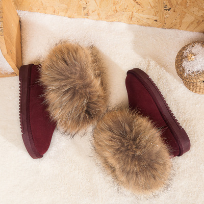 wholesale flat ladies winter warm real raccoon fur boots hot sale women cowhide low cut fluffy fur snow boots