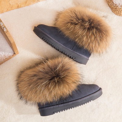 wholesale flat ladies winter warm real raccoon fur boots hot sale women cowhide low cut fluffy fur snow boots