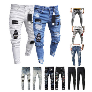 custom tapered stretch distressed ripped skinny damage white black denim men jeans pants trousers for men