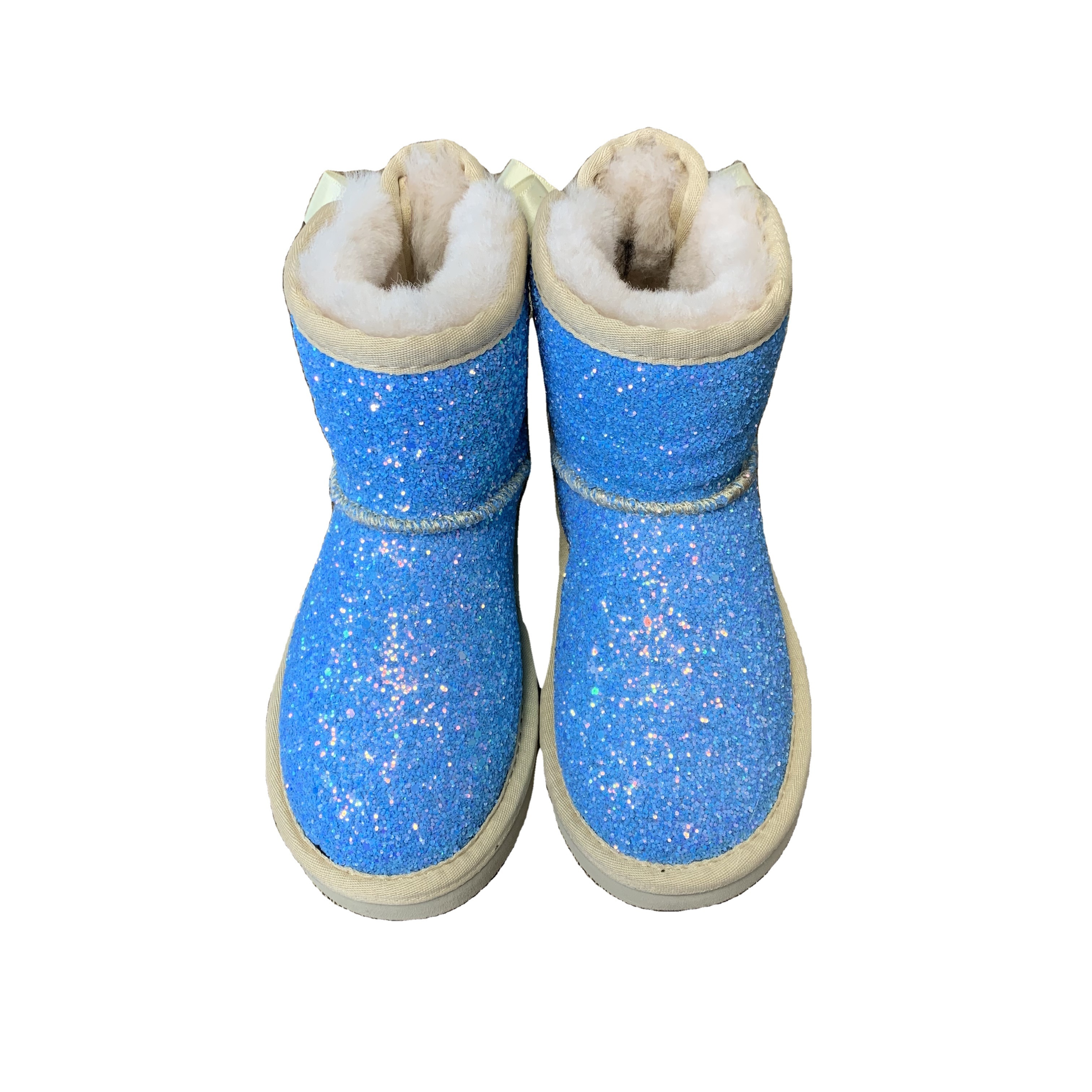 Sparkle shoes Genuine Sheepskin Shoes Furry Raccoon Fur Trimed Kids Women Winter Fur Snow Boots with bows