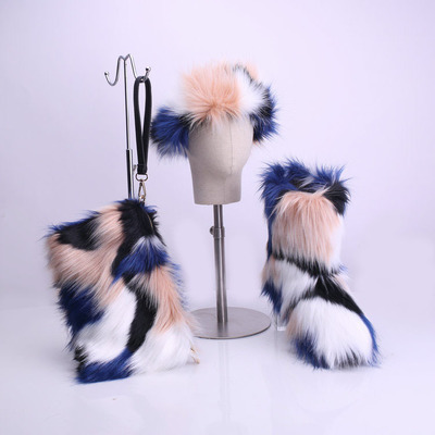 Women faux fluffy fur snow boots set  ladies high winter warm furry fur boots