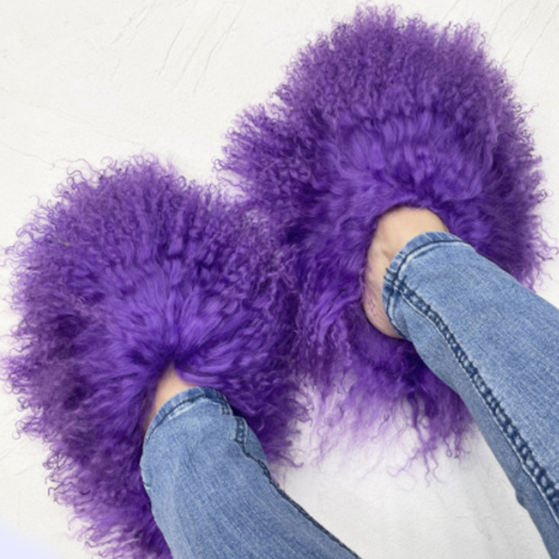 Custom Logo Fluffy Fashion Real Mongolian Fur Slippers for Women