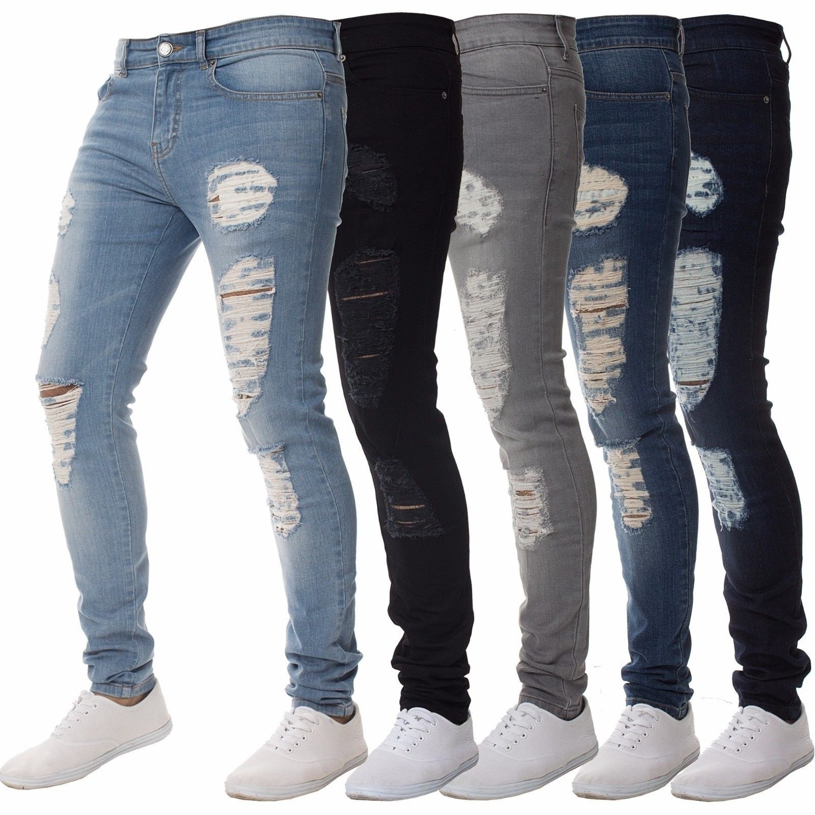 custom tapered stretch distressed ripped skinny damage white black denim men jeans pants trousers for men