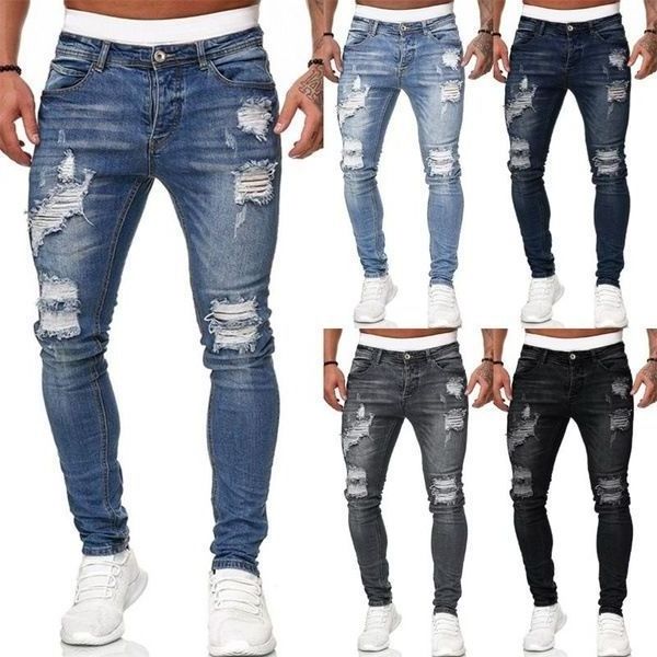 custom tapered stretch distressed ripped skinny damage white black denim men jeans pants trousers for men