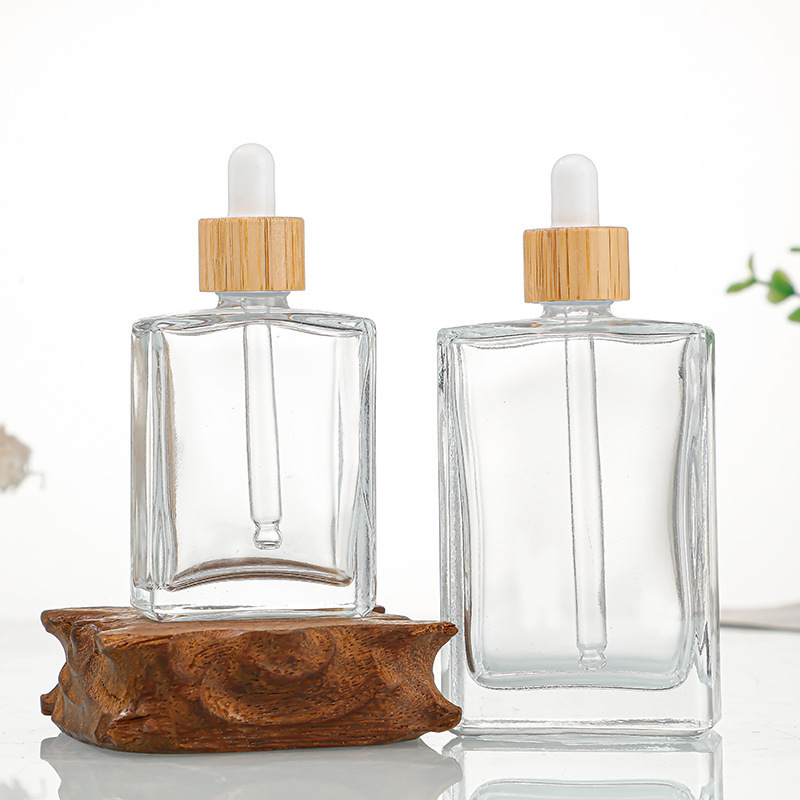 30ml Flat Square Wood Bamboo Lid Dropped Glass Essential Oil Bottle Clear Glass Serum Bottle Cosmetic Container with Dropper