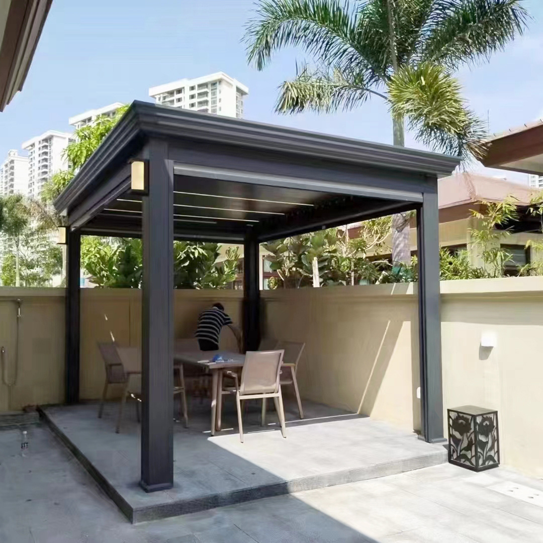 Outdoor garden bioclimatic pergola with louvered roof and LED lights