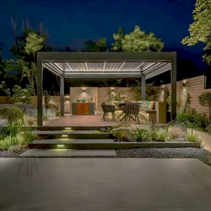 Outdoor garden bioclimatic pergola with louvered roof and LED lights