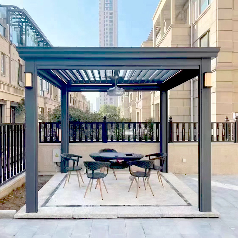 Outdoor garden bioclimatic pergola with louvered roof and LED lights