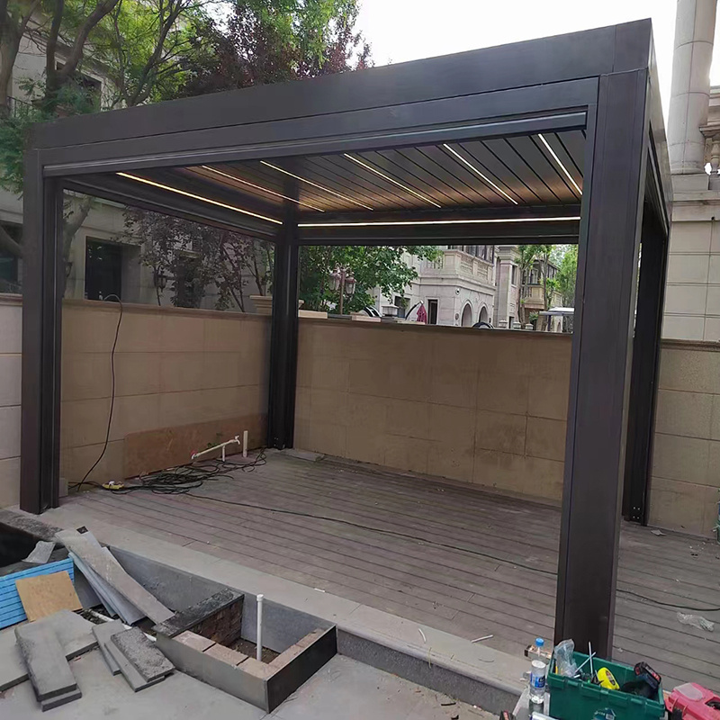 Outdoor garden bioclimatic pergola with louvered roof and LED lights