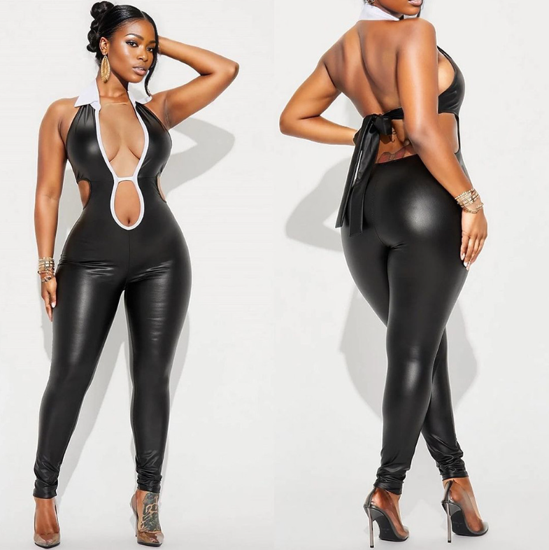 Black Pu Leather Jumpsuits Overalls 2024 Sleeveless Hollow Out Backless Bodysuits Women Sexy Club Stretch Leather Jumpsuits