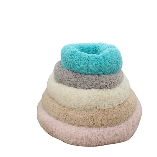 Pet bed for wholesale designer anti anxiety portable velvet cats dogs soft travel nest kennel bed donut round faux fur