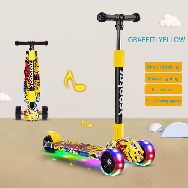 Pink graffiti Factory Direct sales big wheel PU 3 wheel 3 wheel adjustable children's scooter/printed flash children's scooter