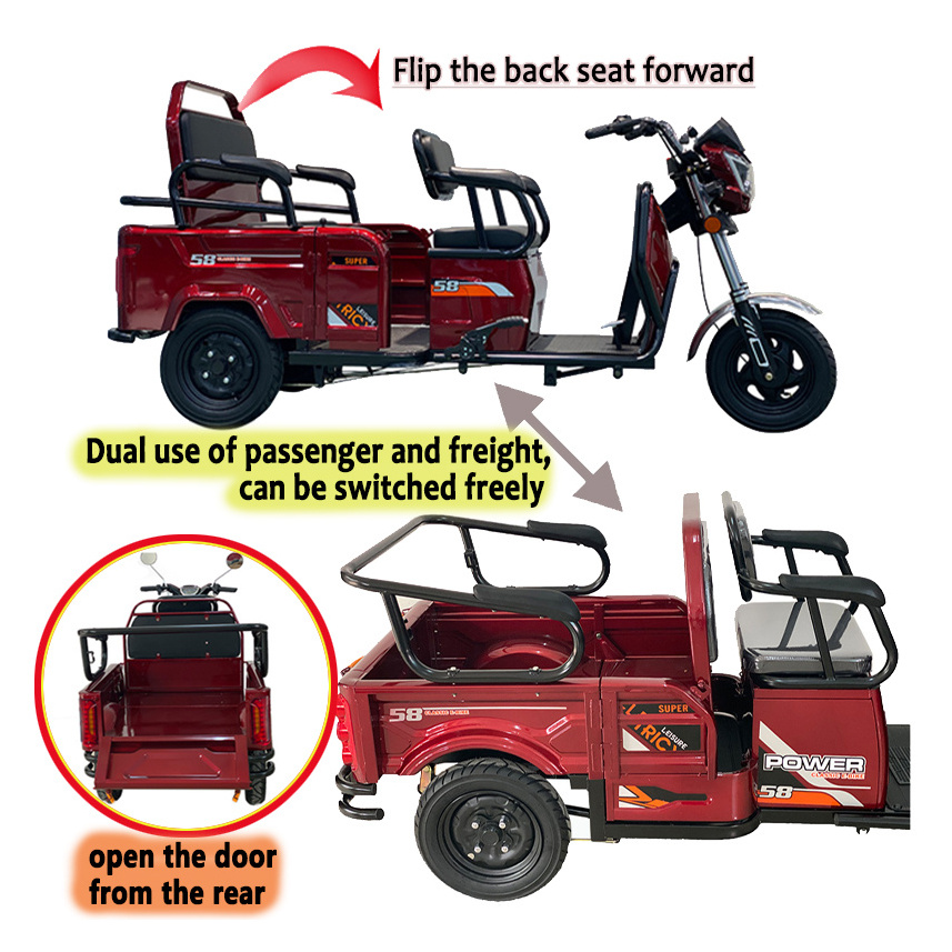 Passenger-Cargo Electric Tricycle with 10 inch Vacuum Tire/Large capacity rear bucket/2 Foam sofa seats 600W 48V/60V