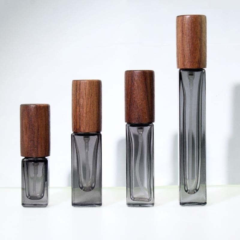 Black Square 3ml 5ml 10ml Refillable Atomizer Blue Spray Glass Empty Grey Perfume Bottles With Wooden Cap for Travel