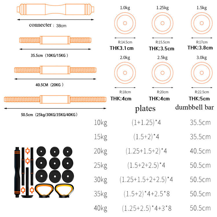 6 in 1 set Multifunctional Adjustable Dumbbell Cement kettlebell Set 10-40kg Gym Fitness Dumbbells