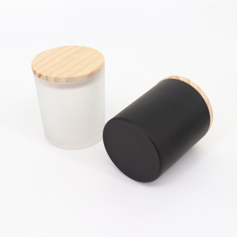 OEM Logo Glass Containers Luxury White Frosted Black Candle Jar With Wooden Lids Packing Box For Candle Making