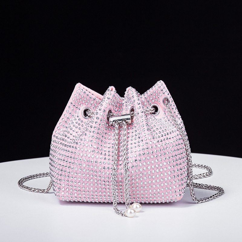 Wholesale New Rhinestone Bucket Designer Bags by Korean Chain Style Stylish PU Cylinder Rope Ladies Bags for Girls