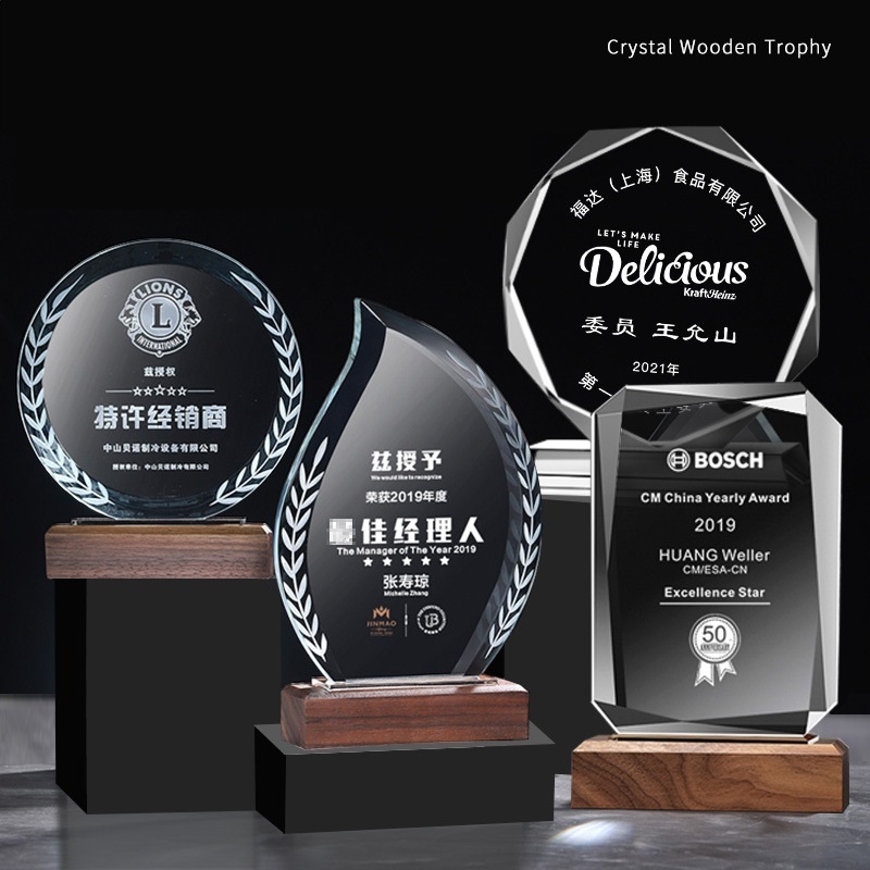 Honor of Crystal Wholesale K9 Blank Wood Crystal Trophy Award Custom Octagonal Circle Base Crystal Trophy