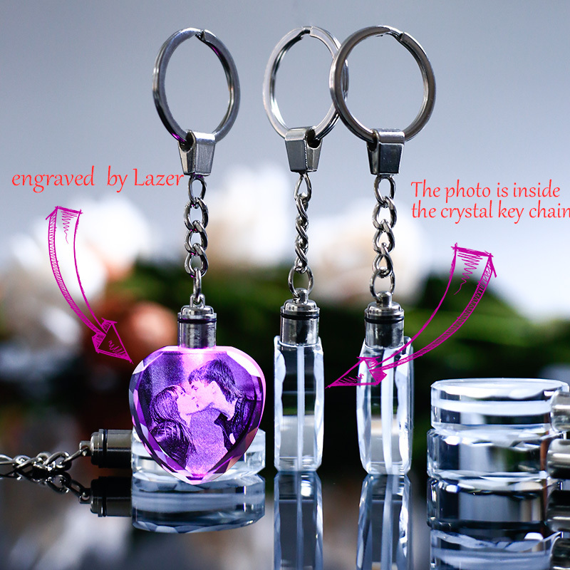 HBL Free Sample Custom 3d Laser Logo Mini Acrylic Metal Ring Led Light Key Chain Led Crystal Keychain For Business Guest Gifts