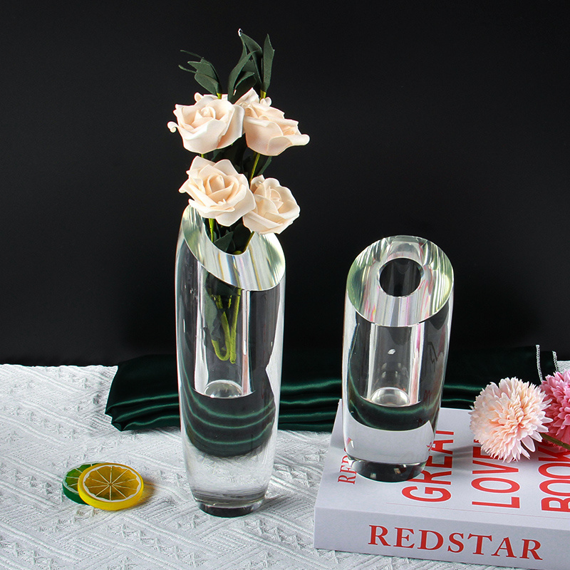 Home Office Desktop Decor Beveled Cylinder Shaped Crystal Glass Flower Vase Clear Crystal Vase