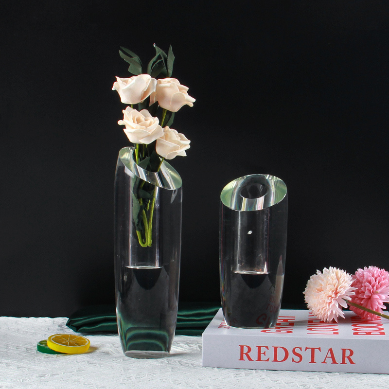 Home Office Desktop Decor Beveled Cylinder Shaped Crystal Glass Flower Vase Clear Crystal Vase