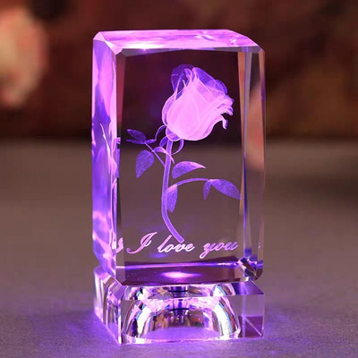 Honor of crystal Wholesale Rotating Light Base Led K9 Crystal Glass Rose Laser Engraved 3d Cube Crystal Wedding Gifts For Guests