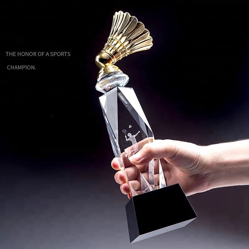 Honor of crystal Best Sale New Design Badminton 3d Engraving Logo Sports Crystal Awards Trophy