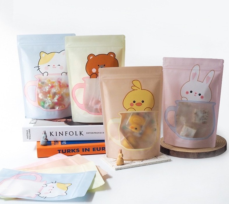 Baking snacks universal packing bags with matte window resealable smell proof cartoon shaped stand up pouch with window