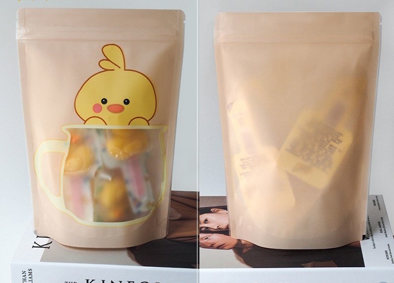 Baking snacks universal packing bags with matte window resealable smell proof cartoon shaped stand up pouch with window